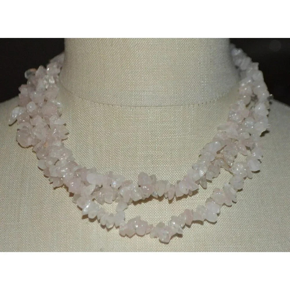 Pink Polished Rose Quartz Stone Multi-Strand Silver Tone Necklace